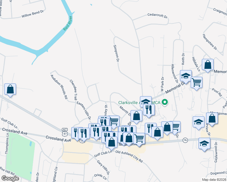 map of restaurants, bars, coffee shops, grocery stores, and more near 1686 Valley Road in Clarksville