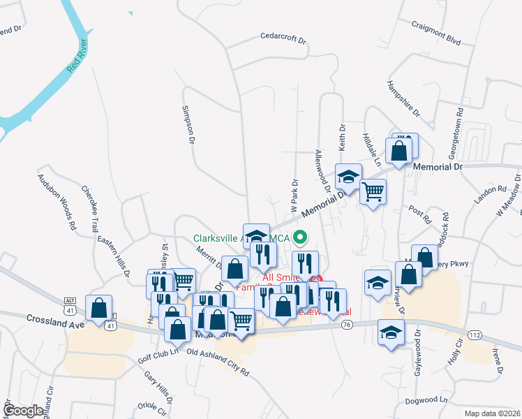 map of restaurants, bars, coffee shops, grocery stores, and more near 121 Ussery Road in Clarksville