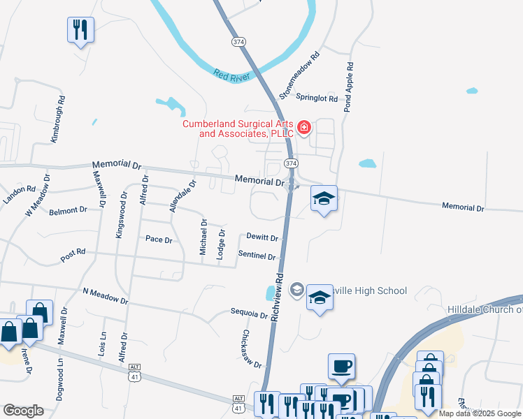 map of restaurants, bars, coffee shops, grocery stores, and more near 2190 Memorial Drive in Clarksville