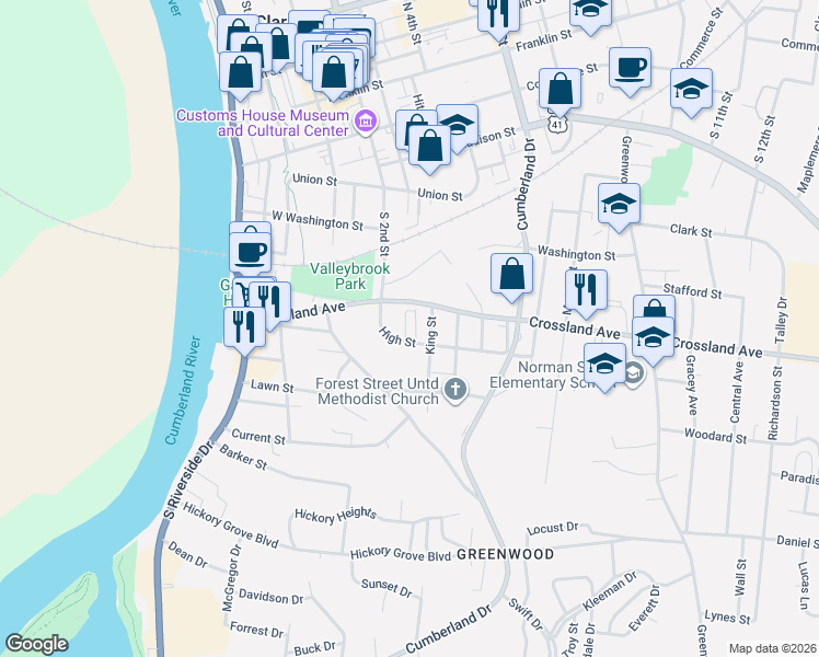 map of restaurants, bars, coffee shops, grocery stores, and more near 710 Perkins Avenue in Clarksville