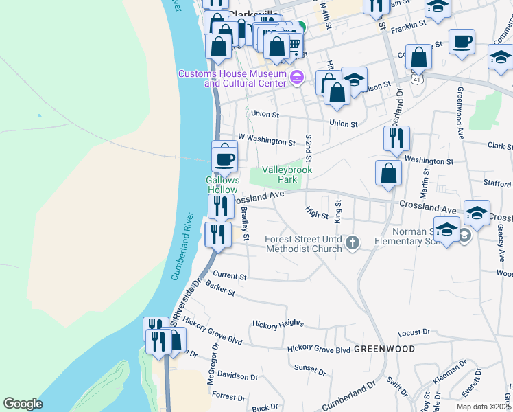 map of restaurants, bars, coffee shops, grocery stores, and more near 35a Crossland Avenue in Clarksville