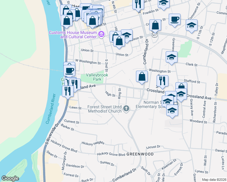 map of restaurants, bars, coffee shops, grocery stores, and more near 710 Perkins Avenue in Clarksville