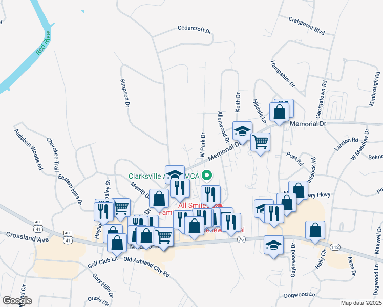 map of restaurants, bars, coffee shops, grocery stores, and more near 118 Medical Court in Clarksville