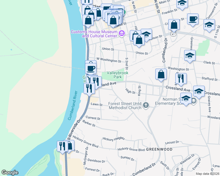 map of restaurants, bars, coffee shops, grocery stores, and more near 69 West High Street in Clarksville