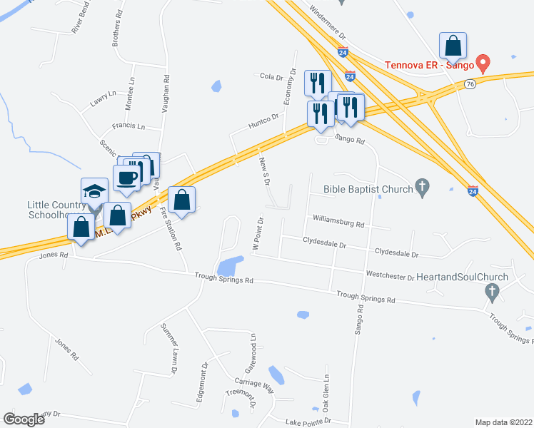 map of restaurants, bars, coffee shops, grocery stores, and more near 525 West Point Drive in Clarksville