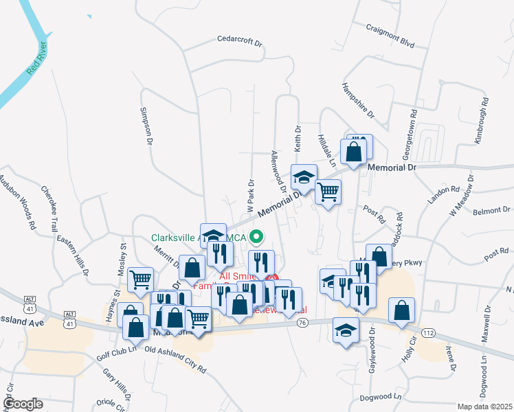 map of restaurants, bars, coffee shops, grocery stores, and more near 105 West Park Drive in Clarksville
