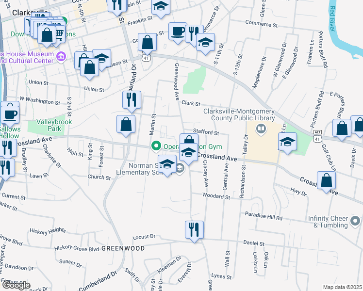 map of restaurants, bars, coffee shops, grocery stores, and more near 634 Greenwood Avenue in Clarksville