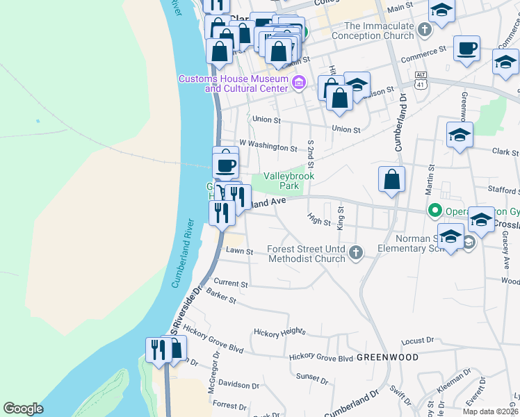 map of restaurants, bars, coffee shops, grocery stores, and more near 35a Crossland Avenue in Clarksville