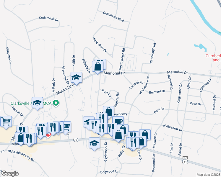 map of restaurants, bars, coffee shops, grocery stores, and more near 235 Paddock Road in Clarksville