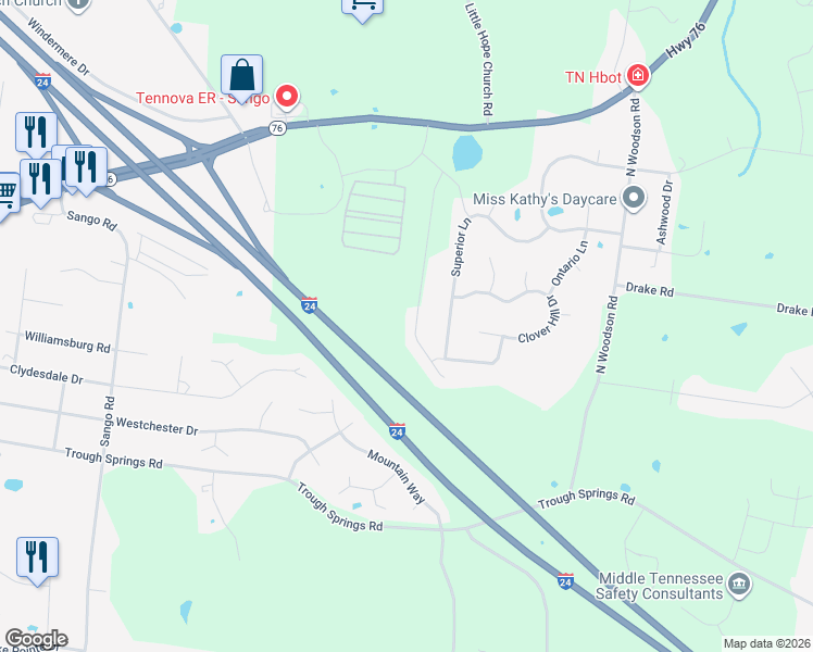 map of restaurants, bars, coffee shops, grocery stores, and more near 740 Lillian Grace Drive in Clarksville