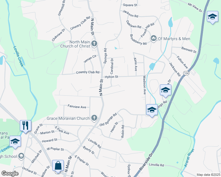 map of restaurants, bars, coffee shops, grocery stores, and more near 136 Northwood Drive in Mount Airy