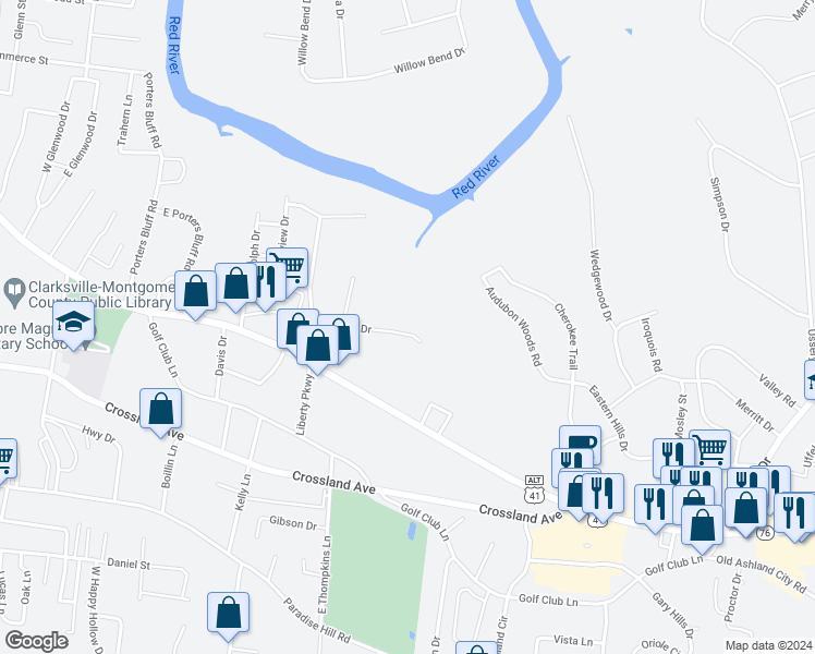 map of restaurants, bars, coffee shops, grocery stores, and more near 187 Delmar Drive in Clarksville
