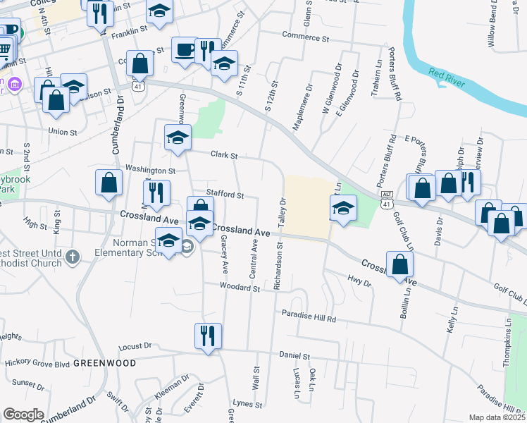 map of restaurants, bars, coffee shops, grocery stores, and more near 613 Central Avenue in Clarksville