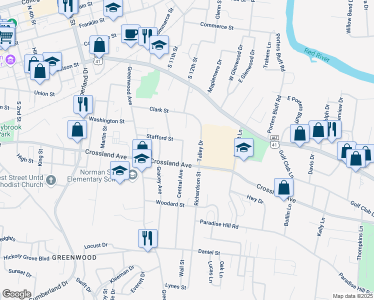 map of restaurants, bars, coffee shops, grocery stores, and more near 613 Central Avenue in Clarksville