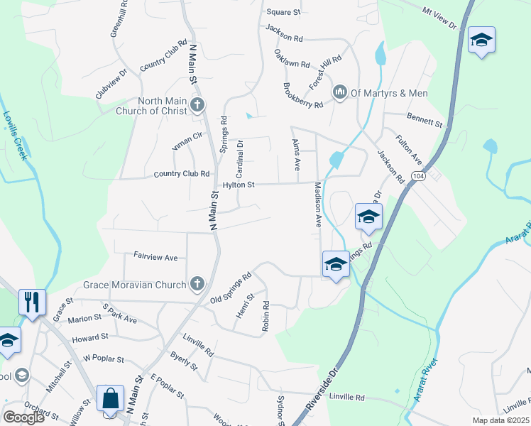 map of restaurants, bars, coffee shops, grocery stores, and more near 135 East Oakdale Street in Mount Airy