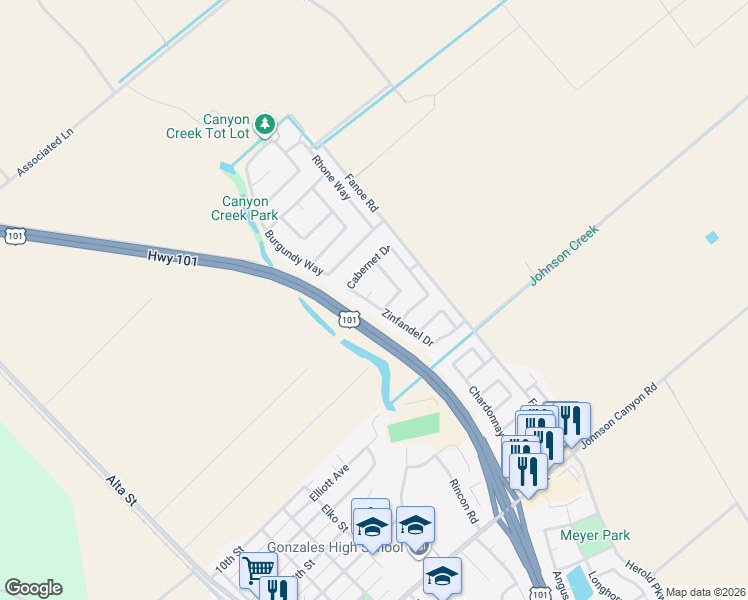 map of restaurants, bars, coffee shops, grocery stores, and more near 1050 Zinfandel Circle in Gonzales