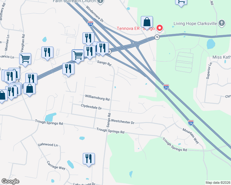 map of restaurants, bars, coffee shops, grocery stores, and more near 531 Sango Road in Clarksville