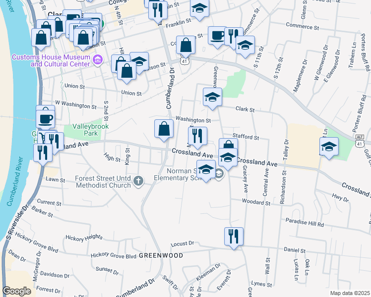 map of restaurants, bars, coffee shops, grocery stores, and more near 736 Martin Street in Clarksville