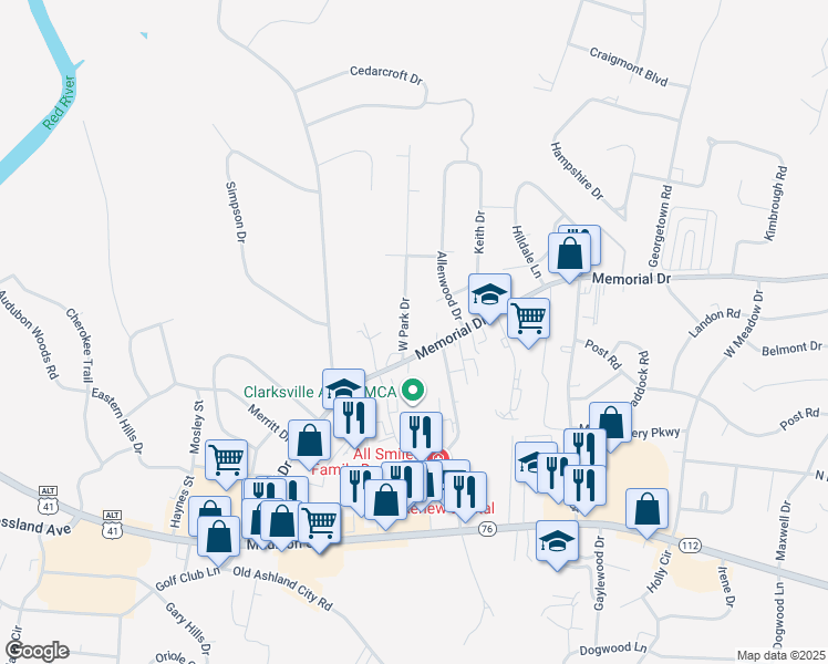map of restaurants, bars, coffee shops, grocery stores, and more near 105 West Park Drive in Clarksville