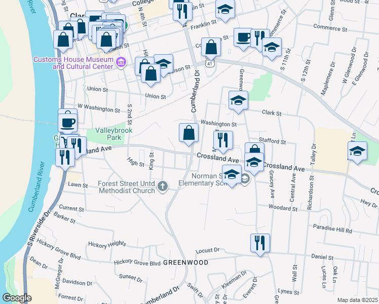 map of restaurants, bars, coffee shops, grocery stores, and more near 722 Cumberland Drive in Clarksville
