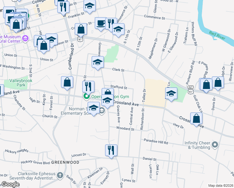 map of restaurants, bars, coffee shops, grocery stores, and more near 625 Greenwood Avenue in Clarksville