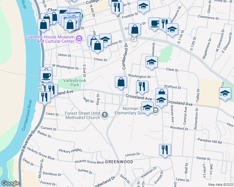 map of restaurants, bars, coffee shops, grocery stores, and more near 722 Cumberland Drive in Clarksville