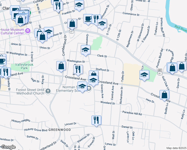 map of restaurants, bars, coffee shops, grocery stores, and more near 627 Greenwood Avenue in Clarksville