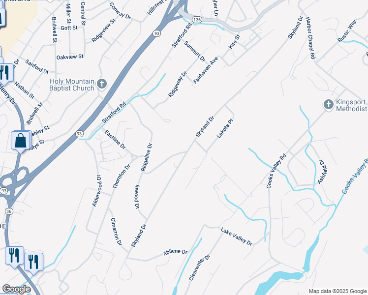 map of restaurants, bars, coffee shops, grocery stores, and more near 3940 Ridge Line Drive in Kingsport