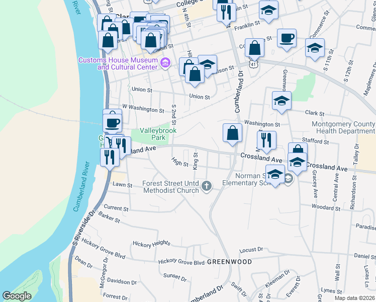 map of restaurants, bars, coffee shops, grocery stores, and more near 710 Perkins Avenue in Clarksville