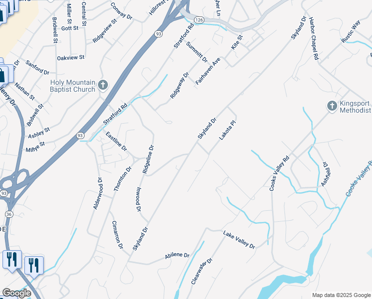 map of restaurants, bars, coffee shops, grocery stores, and more near 3940 Ridge Line Drive in Kingsport
