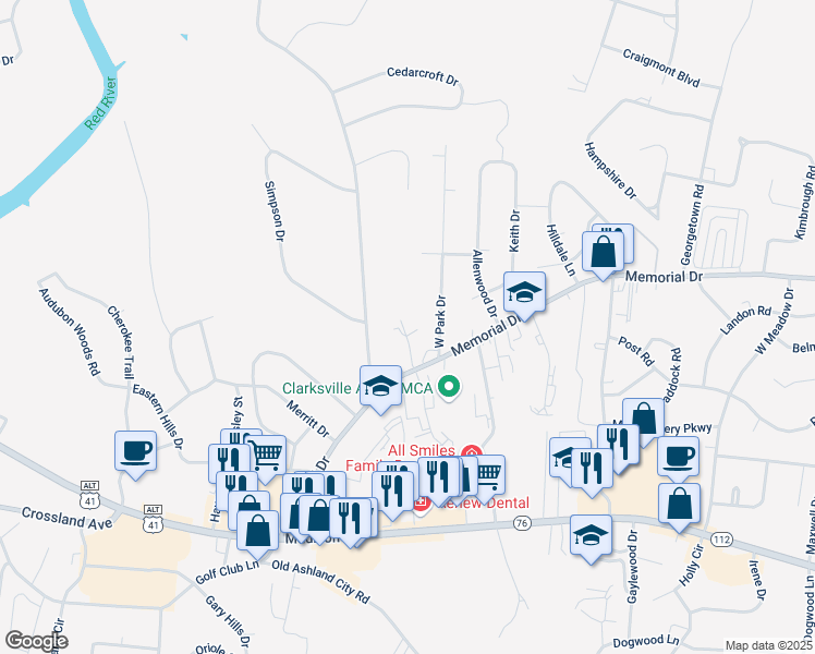 map of restaurants, bars, coffee shops, grocery stores, and more near 118 Medical Court in Clarksville