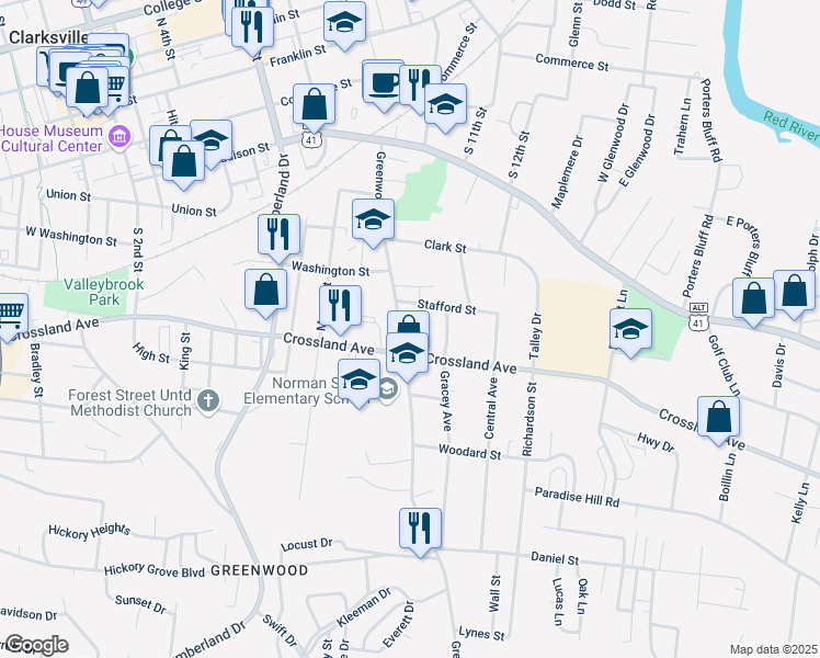 map of restaurants, bars, coffee shops, grocery stores, and more near 625 Greenwood Avenue in Clarksville