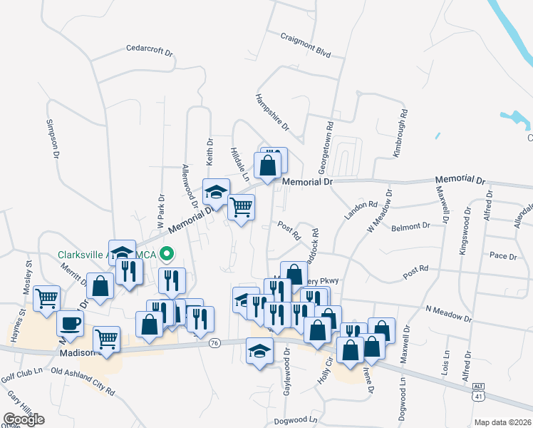 map of restaurants, bars, coffee shops, grocery stores, and more near 236 Clearview Drive in Clarksville