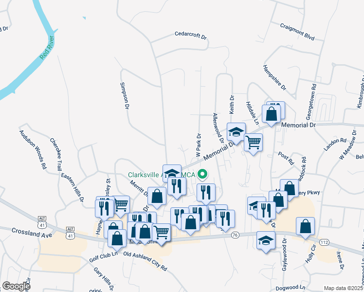 map of restaurants, bars, coffee shops, grocery stores, and more near 118 Medical Court in Clarksville