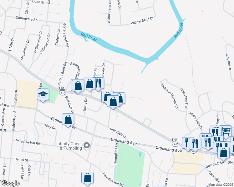 map of restaurants, bars, coffee shops, grocery stores, and more near 101 Delmar Drive in Clarksville