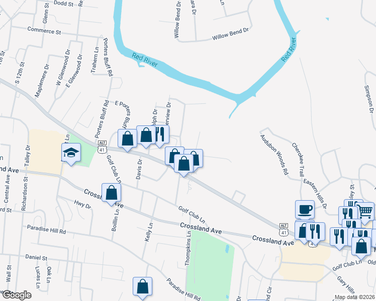 map of restaurants, bars, coffee shops, grocery stores, and more near 101 Delmar Drive in Clarksville
