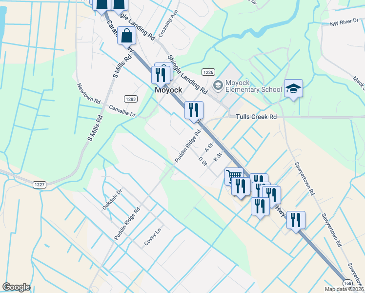 map of restaurants, bars, coffee shops, grocery stores, and more near 162 Puddin Ridge Road in Moyock