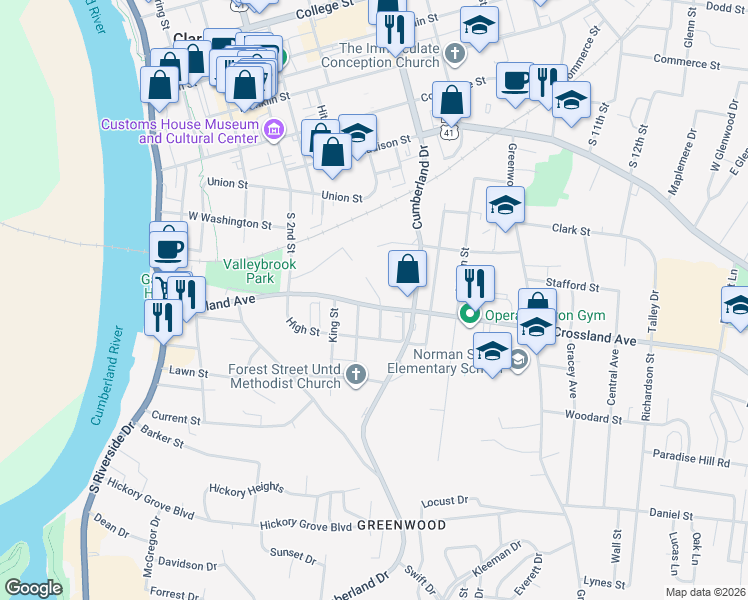 map of restaurants, bars, coffee shops, grocery stores, and more near 699 Shelton Court in Clarksville