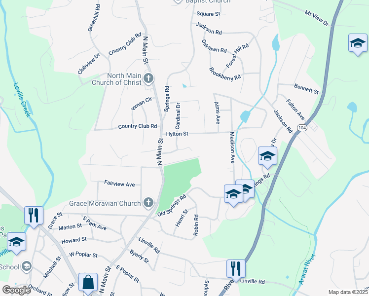 map of restaurants, bars, coffee shops, grocery stores, and more near 135 East Oakdale Street in Mount Airy