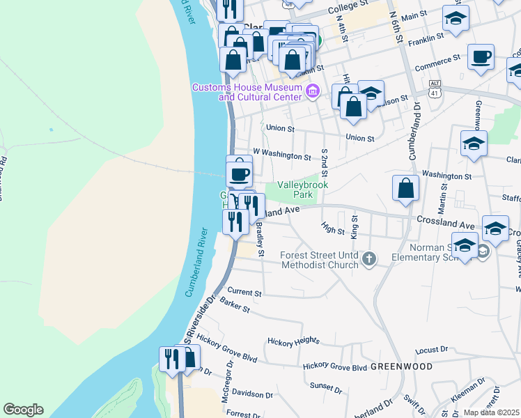 map of restaurants, bars, coffee shops, grocery stores, and more near 35a Crossland Avenue in Clarksville
