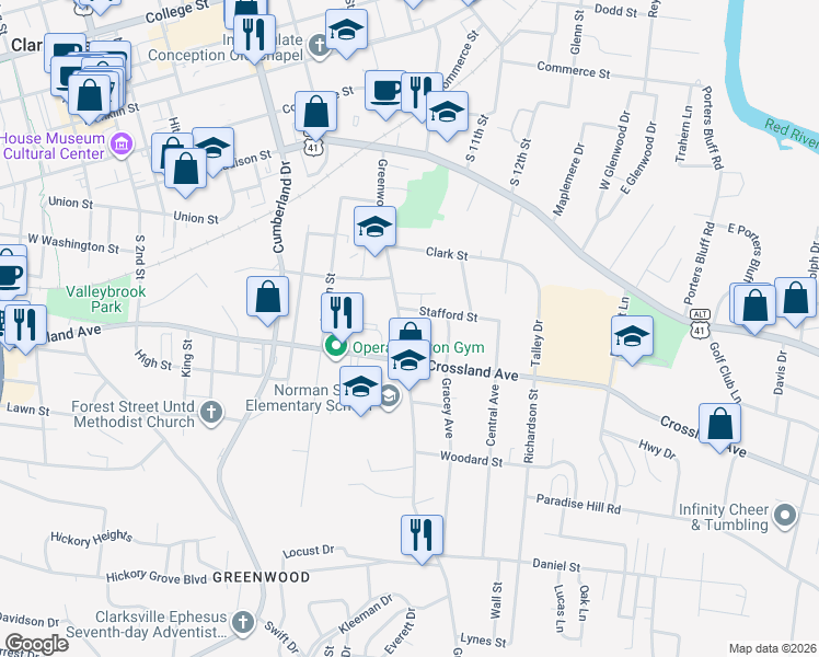 map of restaurants, bars, coffee shops, grocery stores, and more near 625 Greenwood Avenue in Clarksville