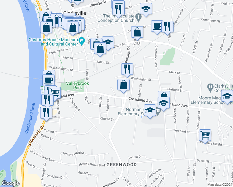 map of restaurants, bars, coffee shops, grocery stores, and more near 694 Shelton Court in Clarksville