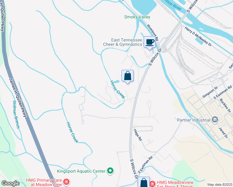 map of restaurants, bars, coffee shops, grocery stores, and more near 1200-1296 Middlebrook Drive in Kingsport