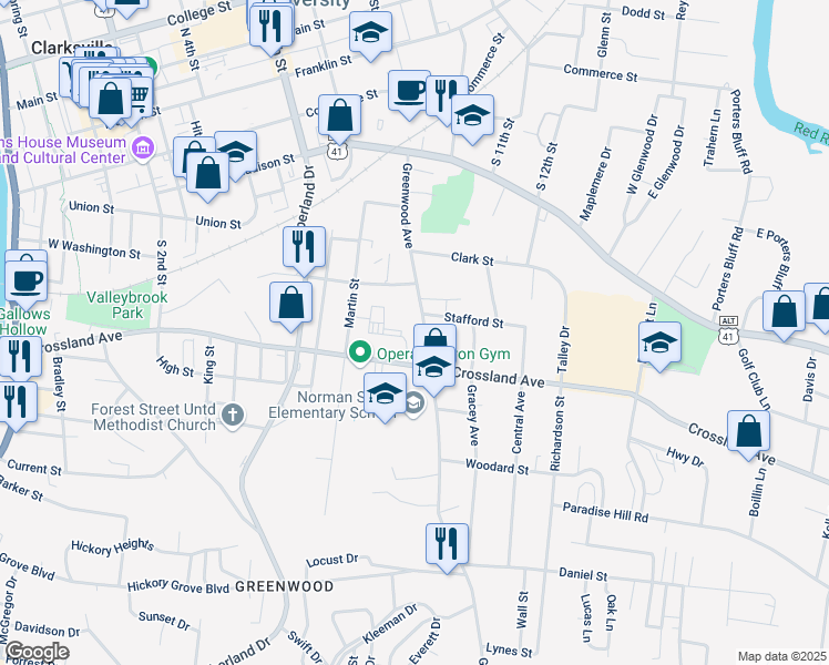 map of restaurants, bars, coffee shops, grocery stores, and more near 634 Greenwood Avenue in Clarksville