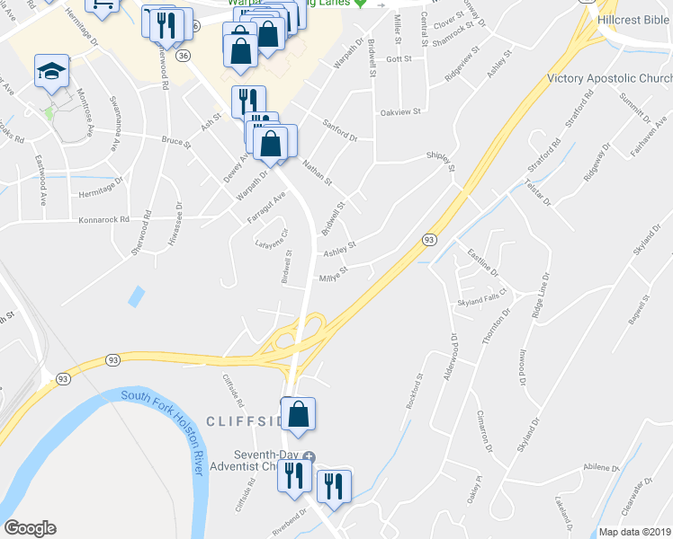 map of restaurants, bars, coffee shops, grocery stores, and more near 2010 Millye Street in Kingsport