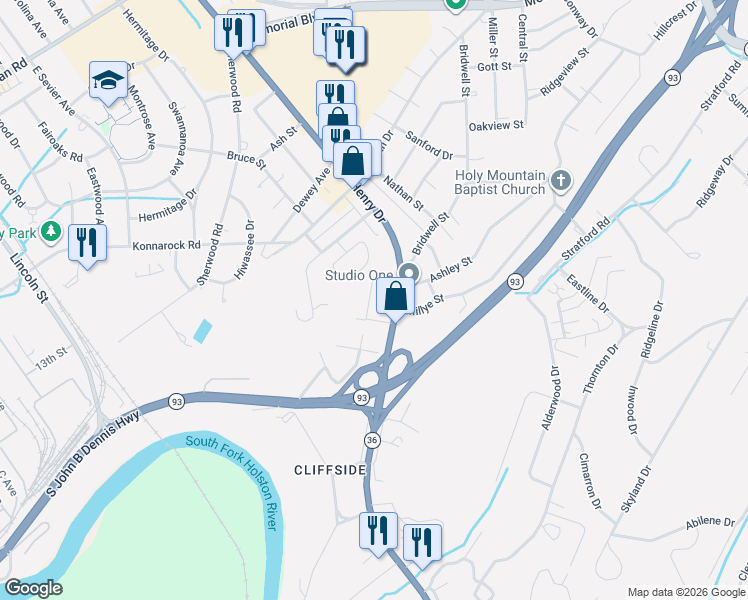 map of restaurants, bars, coffee shops, grocery stores, and more near 120 Carter Street in Kingsport