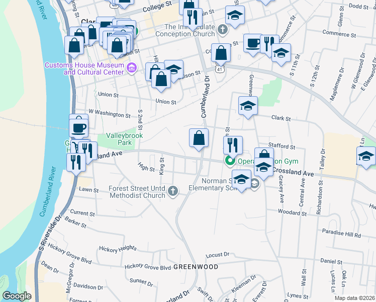 map of restaurants, bars, coffee shops, grocery stores, and more near 699 Shelton Court in Clarksville