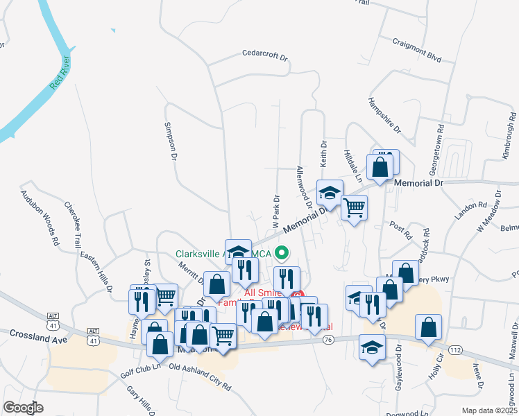 map of restaurants, bars, coffee shops, grocery stores, and more near 110 Medical Court in Clarksville