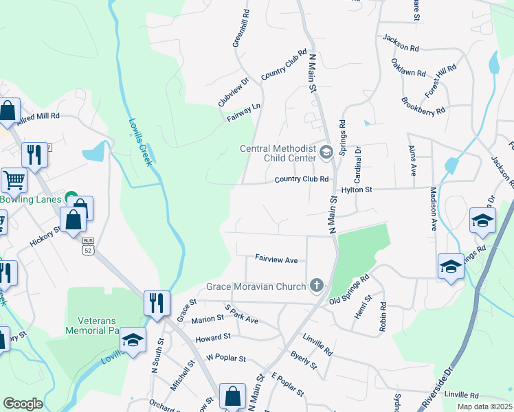 map of restaurants, bars, coffee shops, grocery stores, and more near 219 Katie Lane in Mount Airy