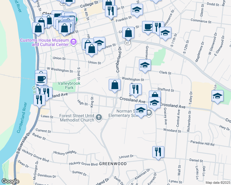 map of restaurants, bars, coffee shops, grocery stores, and more near 710 Cumberland Drive in Clarksville